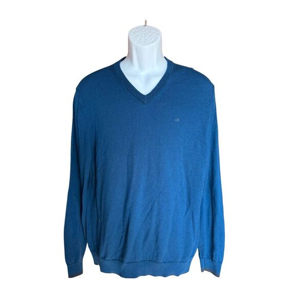 Mens Calvin Klein European Yarn Blue V Neck Pullover Sweater - Sz L - Picture 1 of 2
